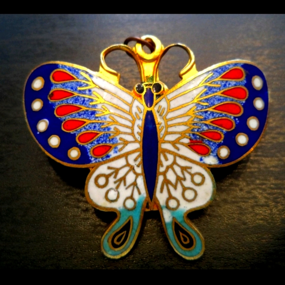 STUNNING VINTAGE ESTATE ENAMELED CLOISONNE BUTTERFLY 1 5/8" BROOCH